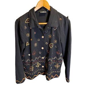 Onque Casuals Beaded Decorated Black Long Sleeve Button Down Top Sz M